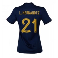 Camisa de Futebol França Lucas Hernandez #21 Equipamento Principal Mulheres Mundo 2022 Manga Curta